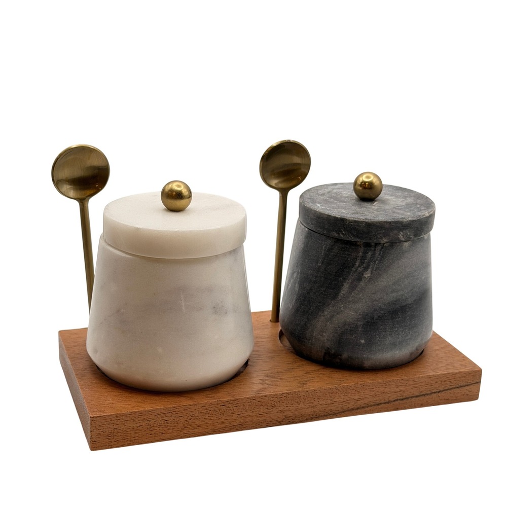 Marble Salt Pepper Cellar Set Lids Spice Jars Kitchen Chef Cooking Host Gift Spa